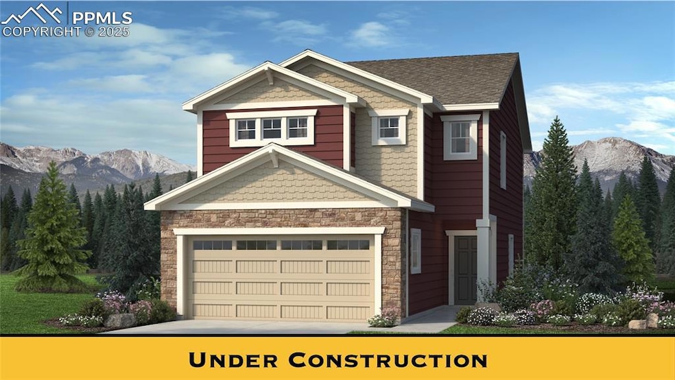 Craftsman-style house featuring stone siding, a mountain view, an attached garage, and driveway