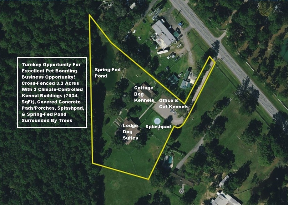 Cross-Fenced 3.304 Acres Close To TX-242 & FM 1485 With Excellent Pet Boarding Business Opportunity! 2280 SF Manufactured Bldg W/Office & Cat Kennels, 2800 SF Lodge With 12 Dog Suites, 1954 SqFt Cottage W/10 Dog Kennels & 2 Cage-Free Dog Daycare Areas! Multiple Covered Concrete Pads/Porches! Splash Pad & Spring-Fed Pond Surrounded By Tree!