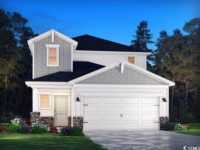 View of front facade with a garage, driveway, a sh