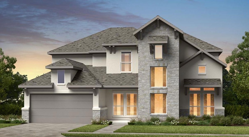 Contemporary home featuring stone siding, stucco 