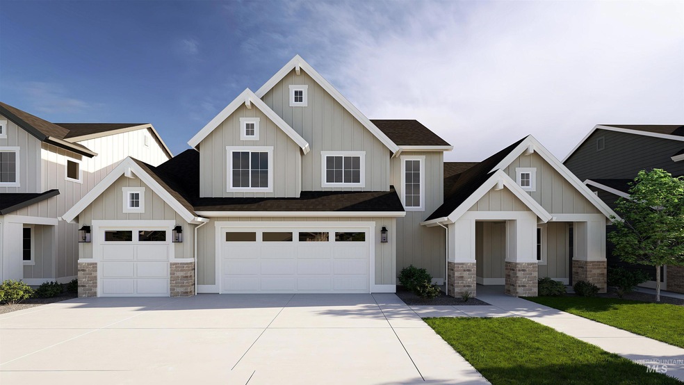 View of front of home with a garage, a shingled roof, driveway, board and batten siding, and stone siding