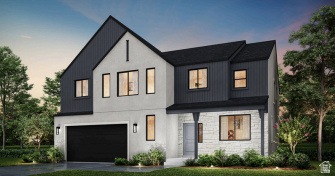 Modern inspired farmhouse with an attached garage, driveway, a yard, and stone siding