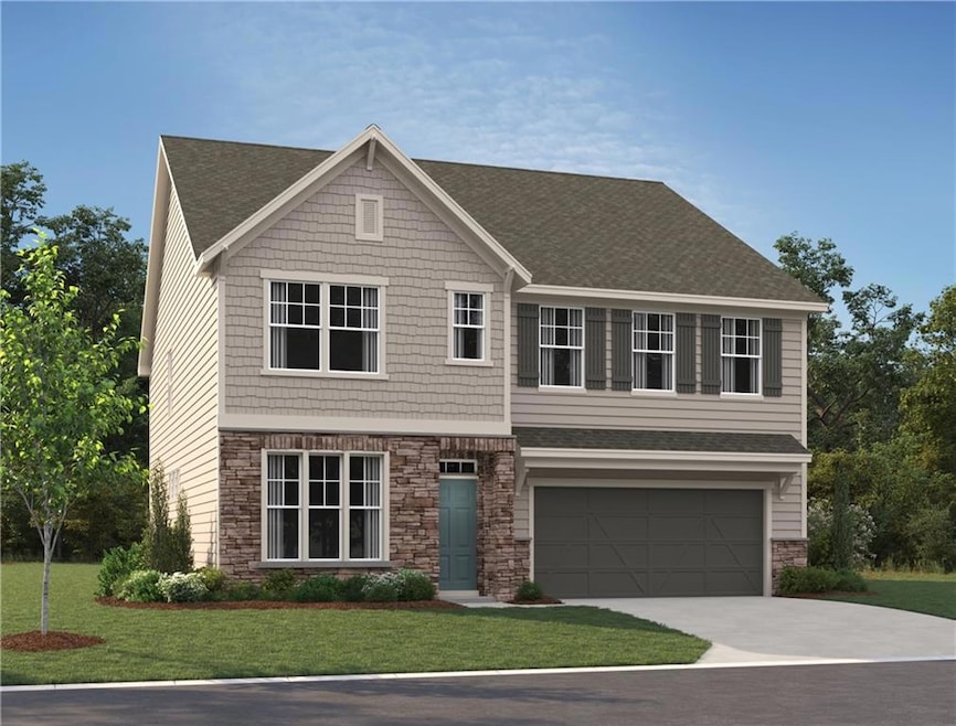 Craftsman-style home featuring stone siding, driveway, roof with shingles, a front yard, and an attached garage