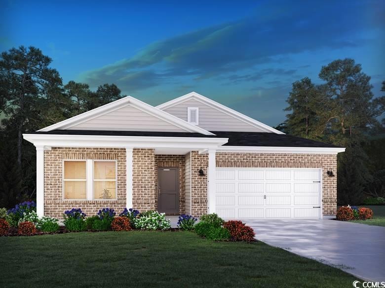 Single story home with a garage, a front yard, dri