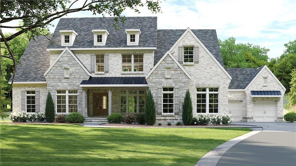 View of front facade featuring stone siding, a front lawn, a garage, driveway, and a high end roof