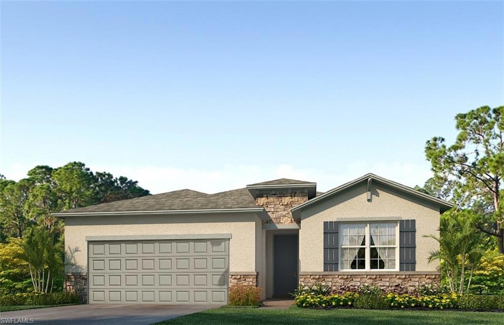 View of front of house with stone siding, a garage