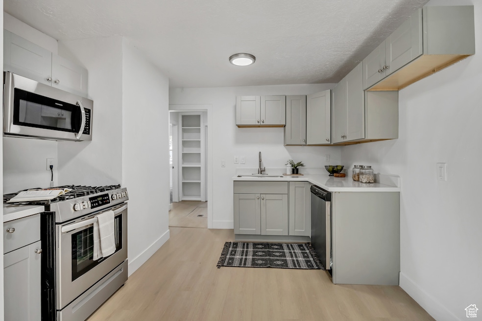 Kitchen with stainless steel appliances, gray cabinets, and light wood-style flooring