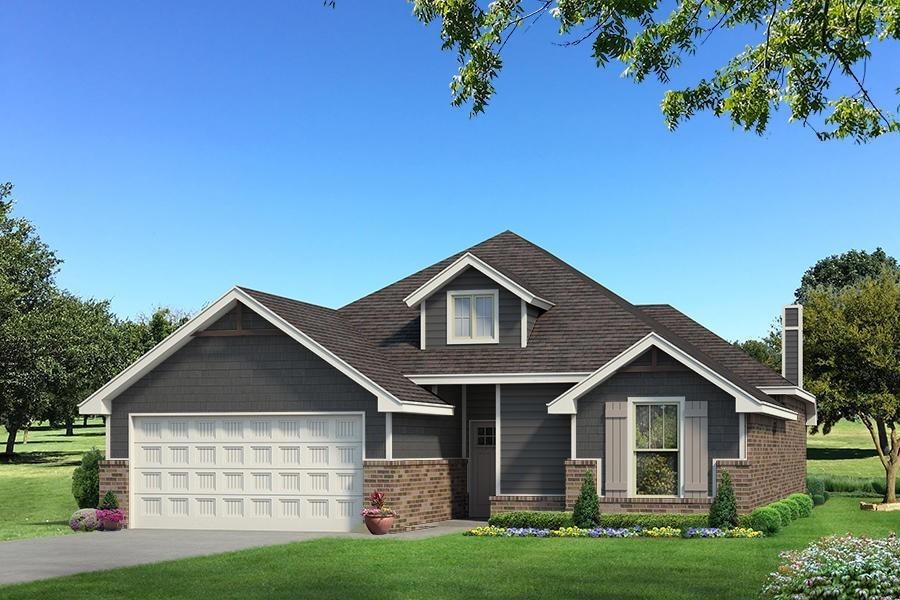 Craftsman-style house with brick siding, a chimney, a front yard, a garage, and driveway
