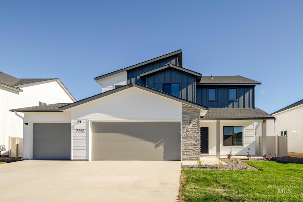 View of front of home with roof with shingles, board and batten siding, driveway, a garage, and a porch
