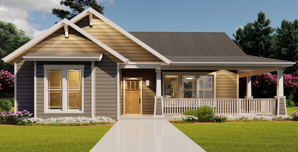 (DIGITAL RENDERING) View of front of house with a porch and a front lawn
