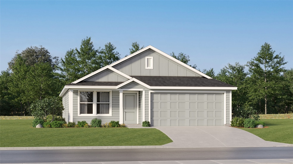 View of front of house featuring board and batten siding, a front yard, driveway, and a shingled roof