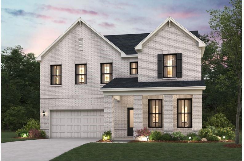 View of front facade featuring a garage, concrete driveway, a front yard, and brick siding