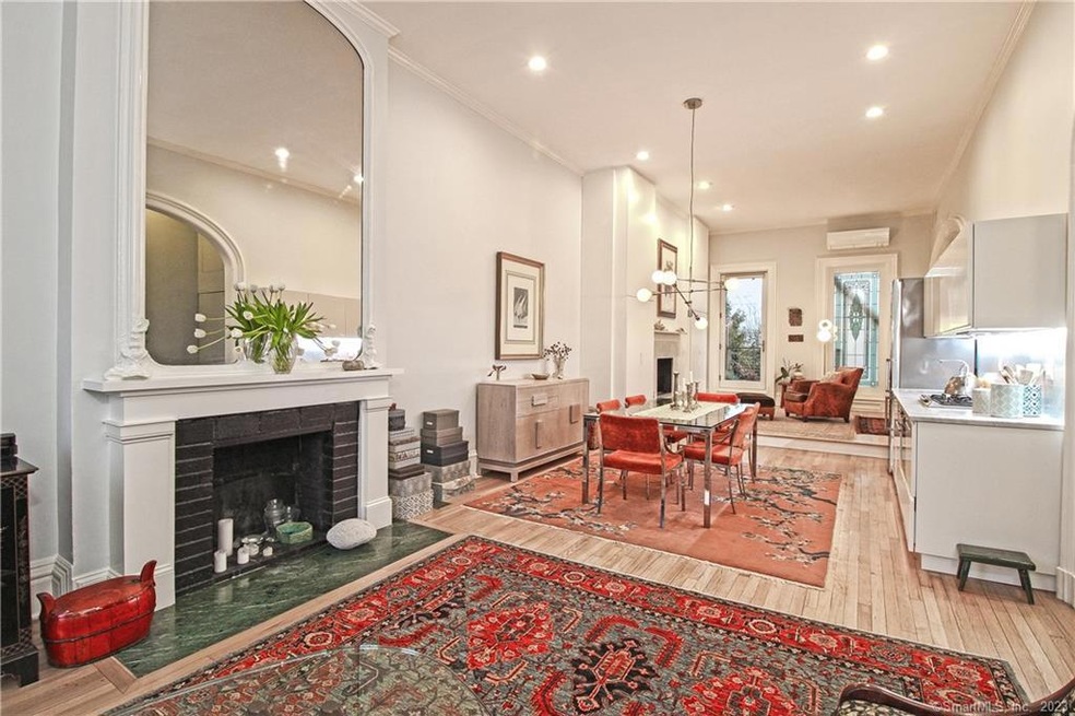Interior of apartment, from front to back.