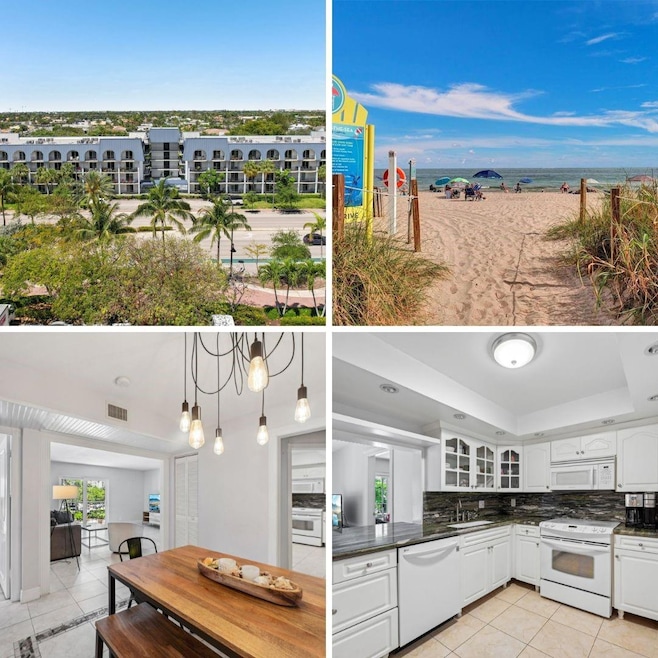 Front of building, beach, dining area and kitchen