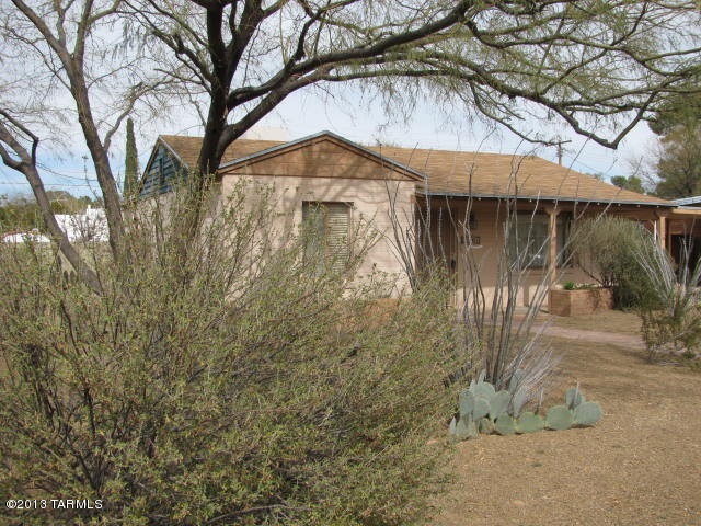Front to NE with bush and tree