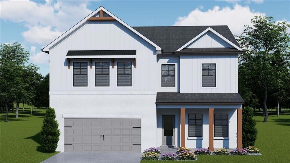 Craftsman house with board and batten siding, brick siding, central AC unit, a garage, and driveway