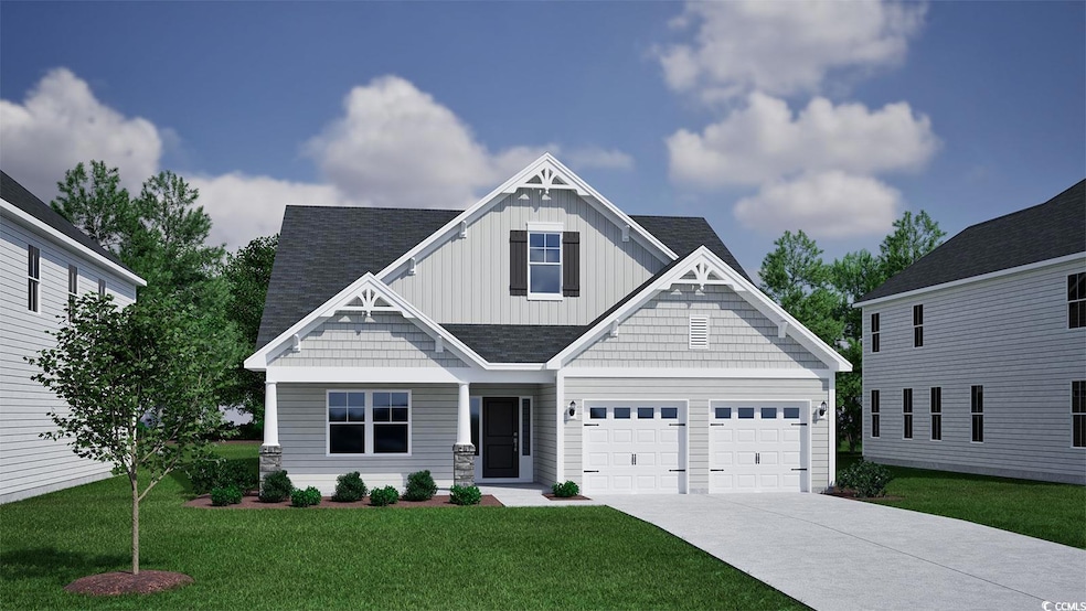 Craftsman house featuring board and batten siding, concrete driveway, a front yard, and roof with shingles