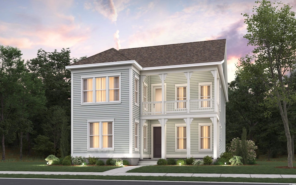 View of front of property with a balcony, a front yard, and roof with shingles