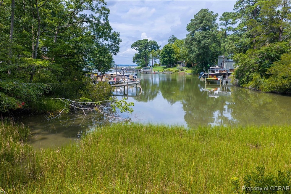 View from yard over shoreline grasses of cove, dock and River beyond