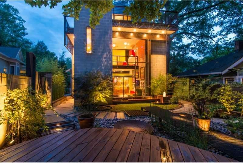 Exterior Back. A view of the garden in the evening