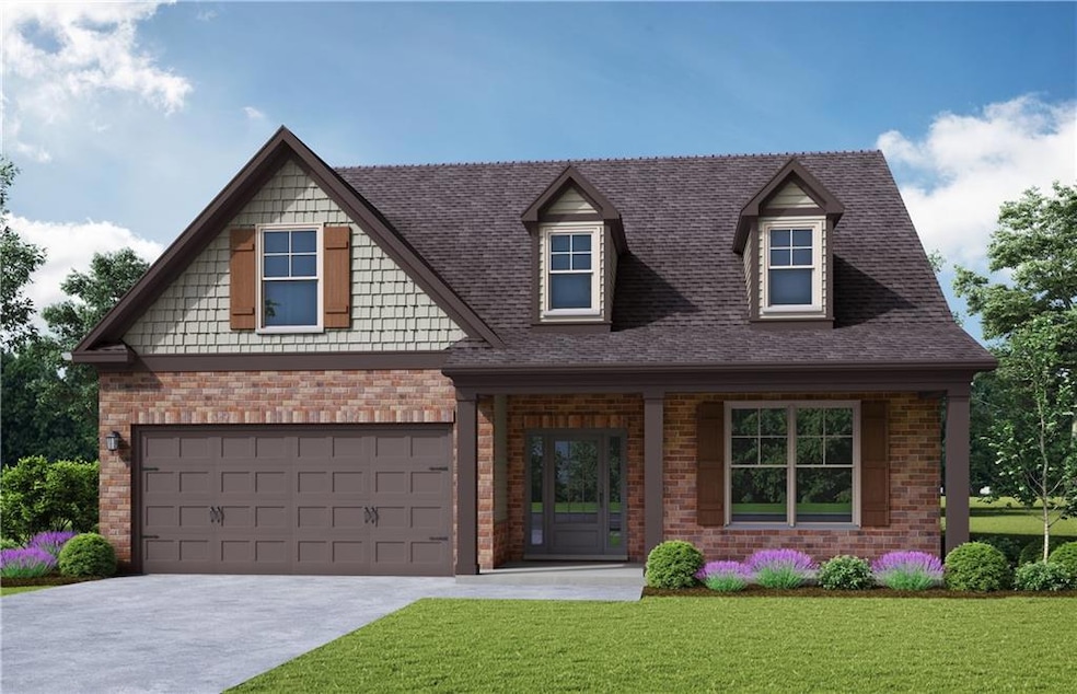 View of front facade with concrete driveway, brick siding, a front lawn, an attached garage, and roof with shingles