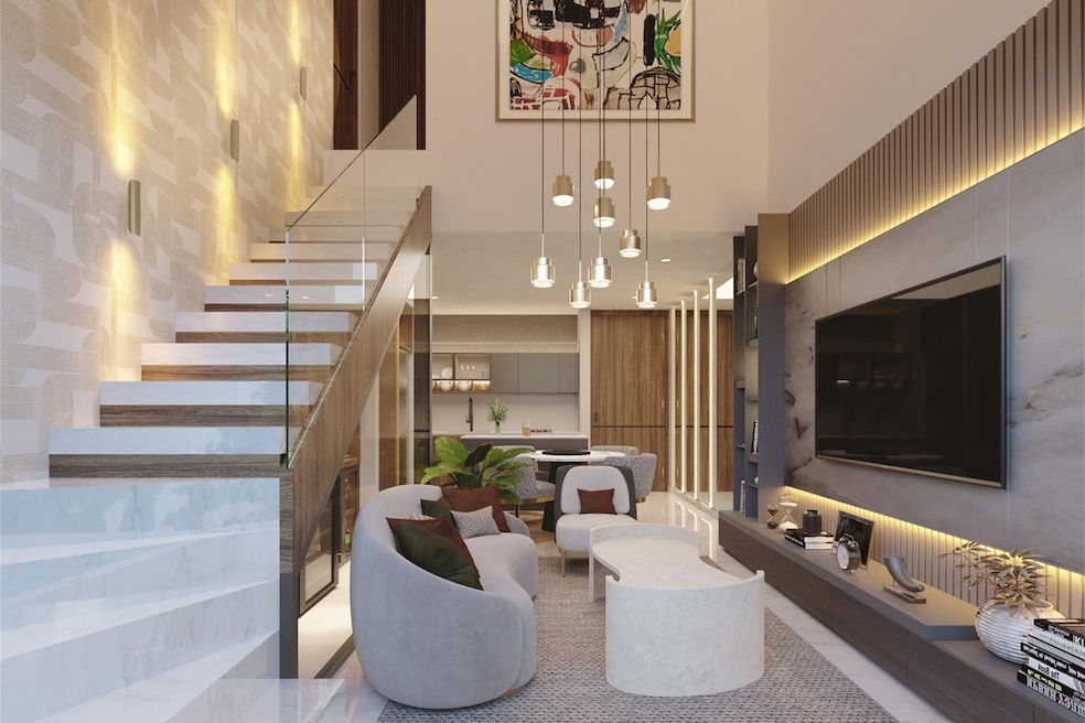 In this contemporary living room, the design harmonizes elegance with functionality. The room is illuminated by a stunning chandelier that not only provides ample light but also serves as a statement piece, adding a touch of glamour to the room. One of the striking architectural features is the staircase with a glass railing, leading gracefully to the second floor, contributing to the open and airy ambiance of the space. (rendering)