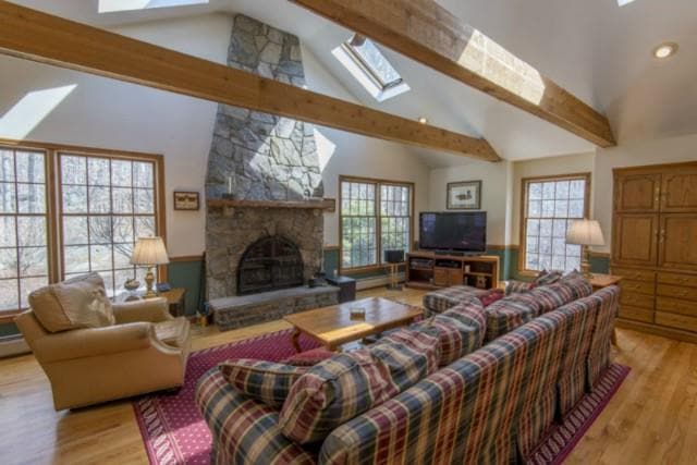 Vaulted ceilings with skylights and beautiful ston