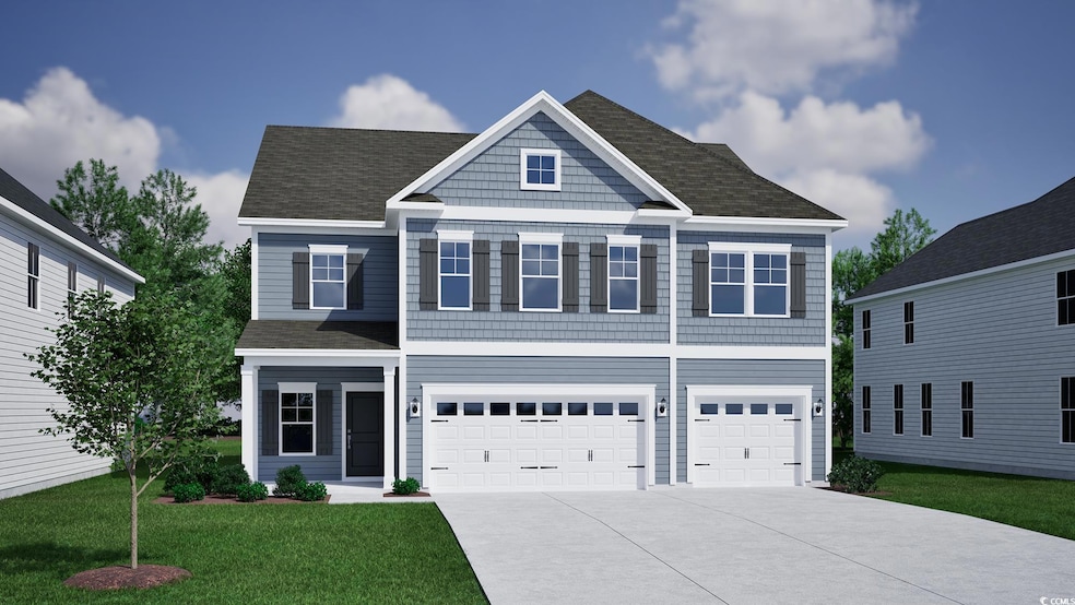 View of front of house featuring an attached garage, concrete driveway, a front lawn, and a shingled roof