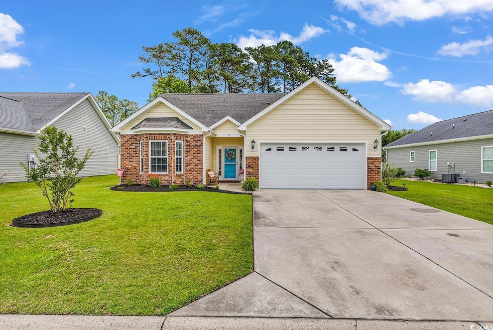 Single story home featuring brick siding, an attached garage, a front lawn, driveway, and central air condition unit