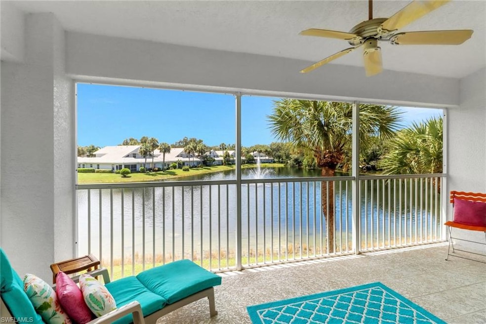 Large lanai with view of lake and fountain