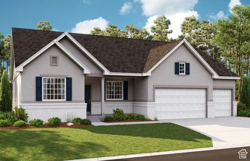 View of front of property featuring brick siding, a front lawn, driveway, and stucco siding