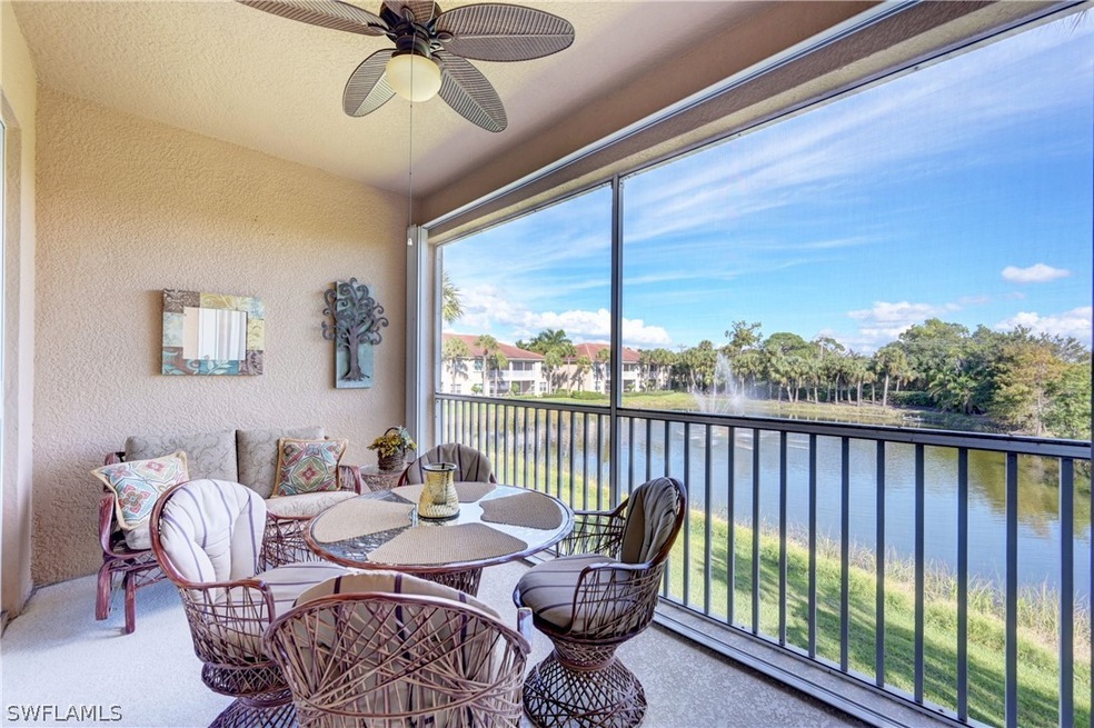 Spacious screened balcony which overlooks the pond