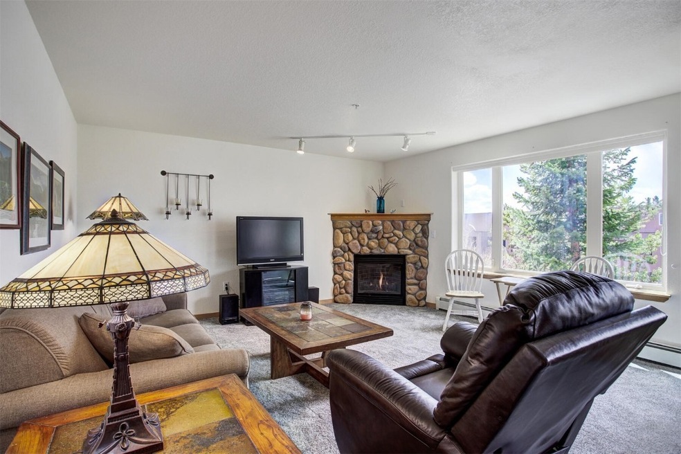 Living room featuring a stone fireplace and views