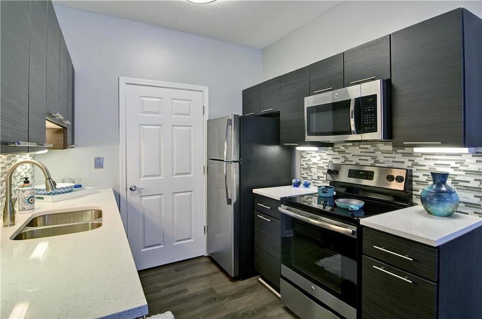 Kitchen with dark wood-type flooring, sink, decorative backsplash, and stainless steel appliances