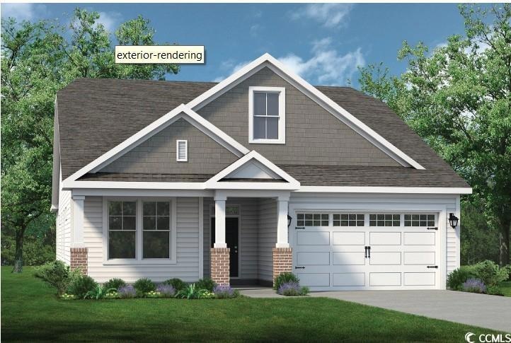 Craftsman house with a garage, driveway, a front lawn, and a shingled roof