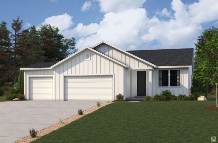 View of front of property featuring board and batten siding, an attached garage, and a shingled roof