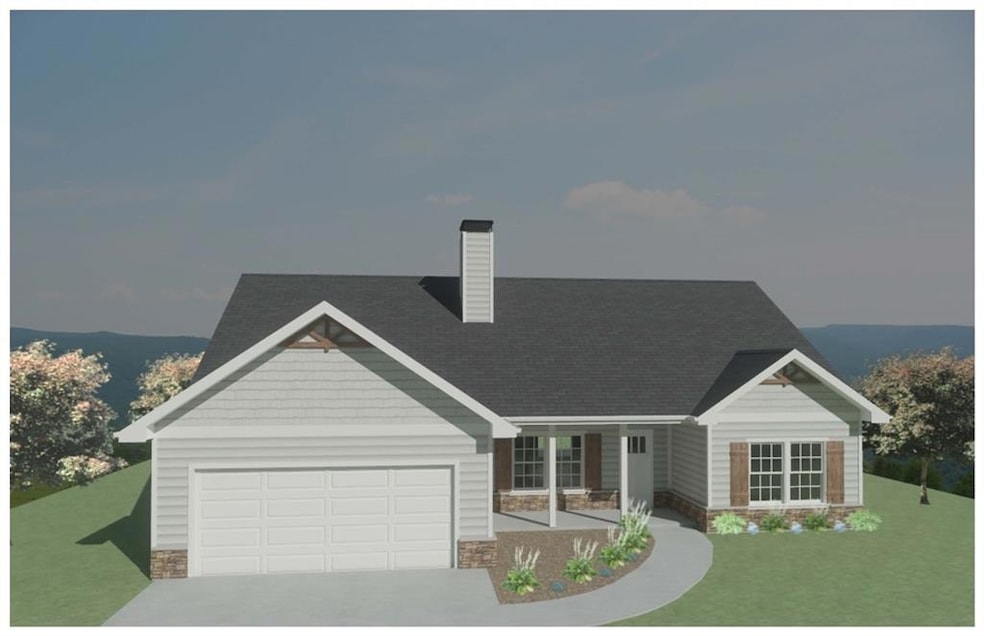 View of front facade featuring a chimney, a front yard, driveway, a garage, and stone siding