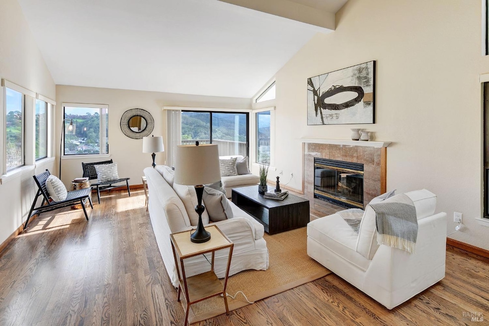 The living room has high ceilings, tons of sunligh