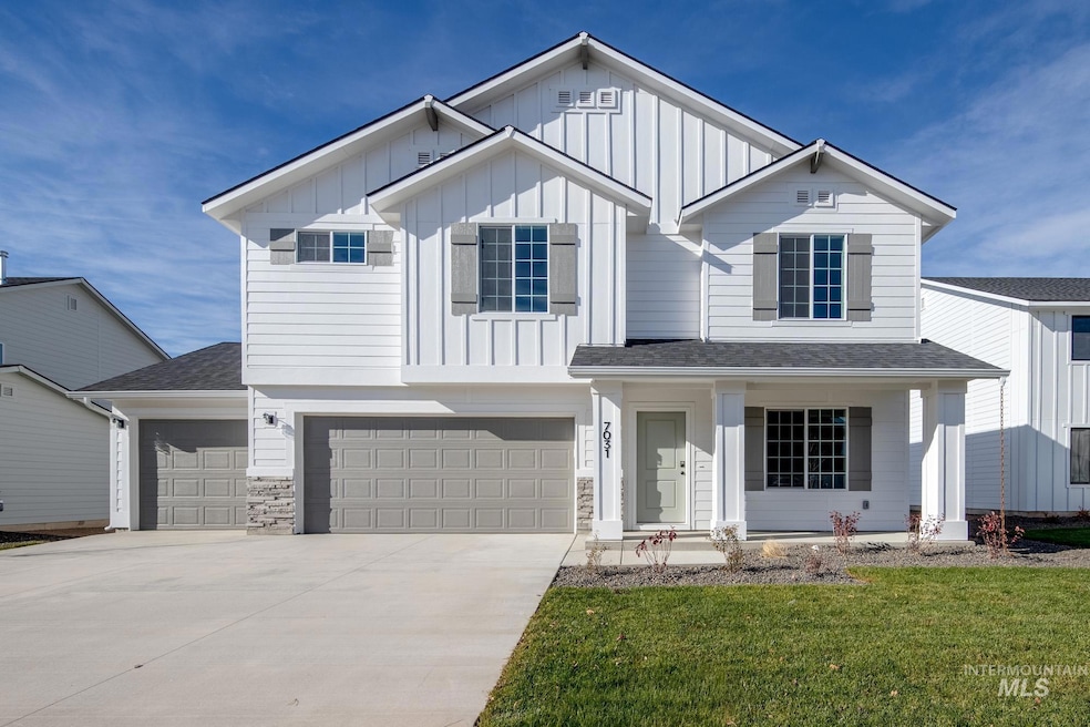 View of front of home featuring roof with shingles, covered porch, board and batten siding, driveway, and an attached garage