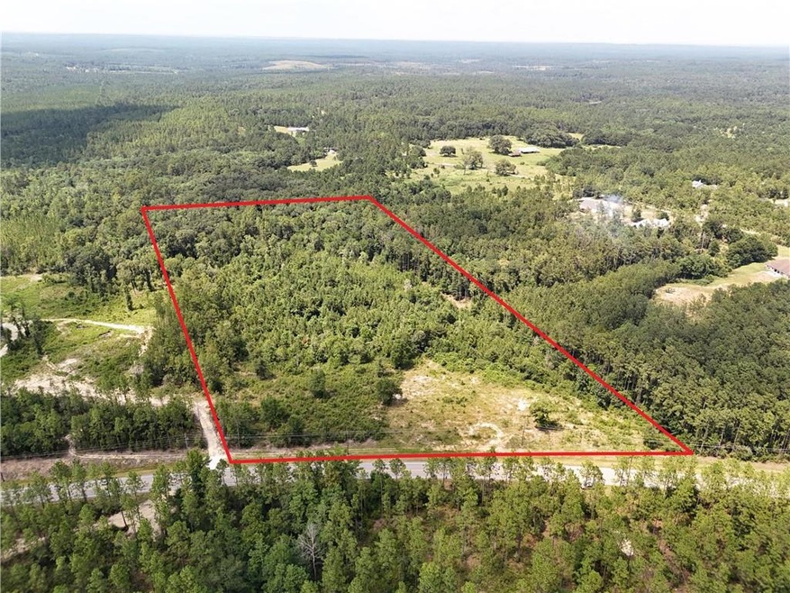 Aerial overview of property's location featuring a forest and property parcel outlined