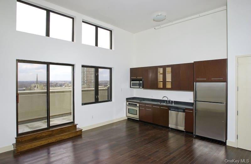 Kitchen with dark countertops, dark brown cabinetry, a high ceiling, stainless steel appliances, and dark wood-style flooring