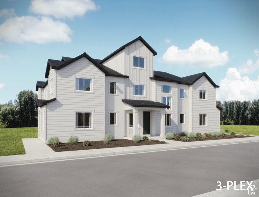 RENDERING: Modern inspired farmhouse with board and batten siding and a front yard