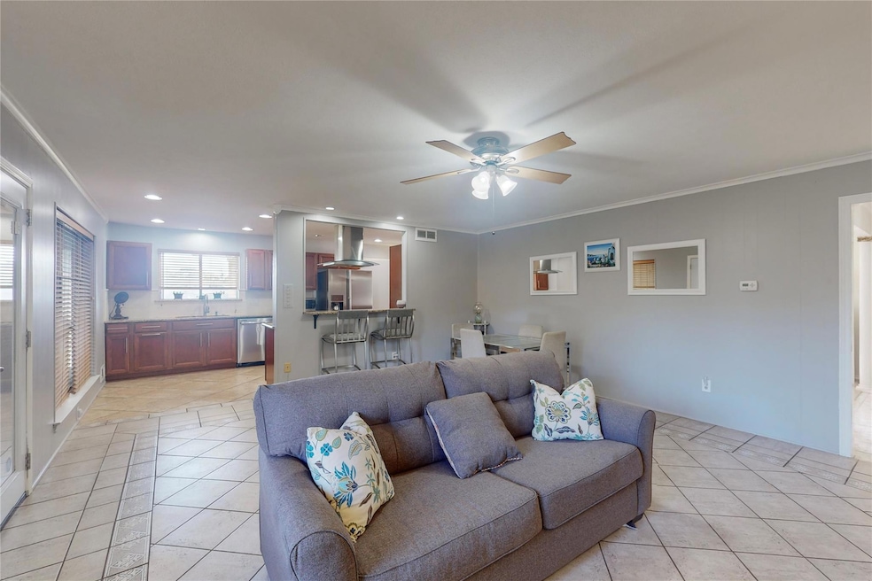 Family room with view to kitchen