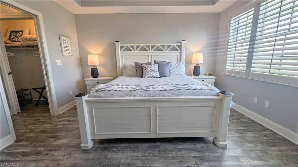 King master bedroom featuring dark wood laminate flooring, a spacious closet, and baseboards
