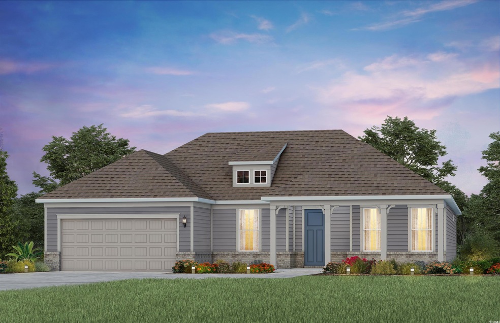 View of front of house with a garage, a front lawn, stone siding, and driveway