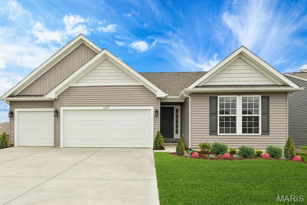 Ranch-style home featuring concrete driveway, an attached garage, a shingled roof, and a front lawn