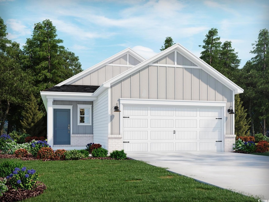 Modern farmhouse with concrete driveway, board and