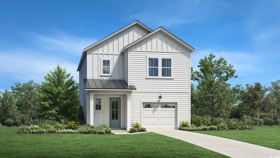 Modern farmhouse style home with board and batten siding, a standing seam roof, a front lawn, metal roof, and a garage