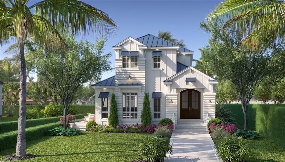 View of front of property featuring board and batten siding, a front lawn, metal roof, and a standing seam roof. Virtual Rendering