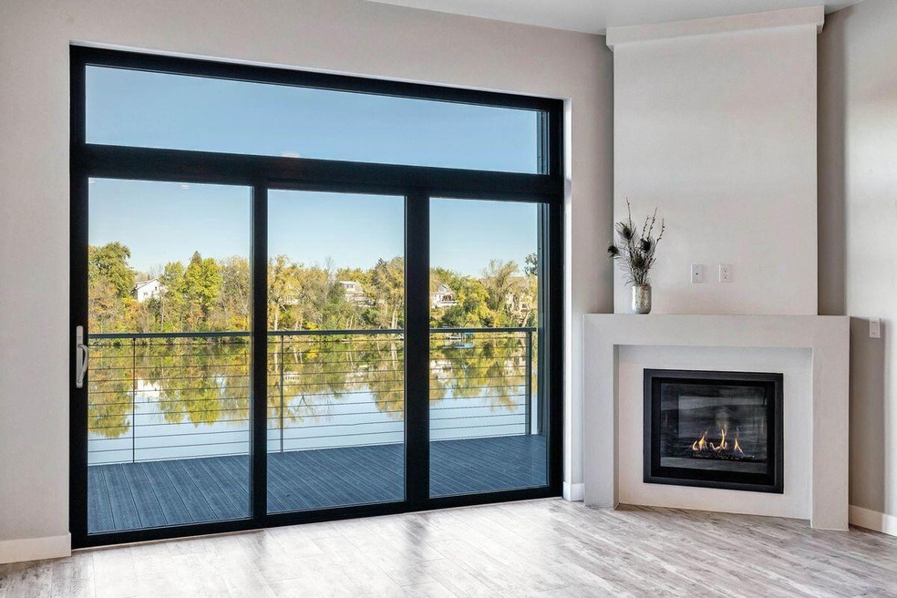 Beautiful fireplace with patio view